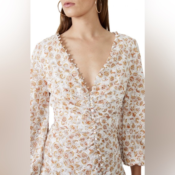 BARDOT Printed Broderie Long Sleeve Mini Dress in Tan Paisley - Picture 6 of 13